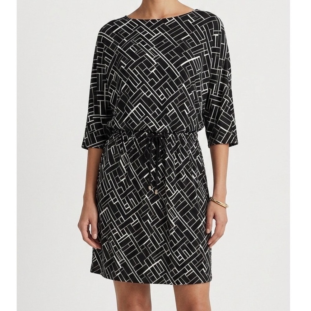 LAUREN Ralph Lauren Dolman Sleeve Drawstring Waist Dress Medium Black Print